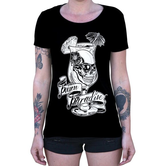 Poison Paradise Pina Colada Skull Tattoo Art Round Neck Black Tee NEW S-M-L-XL - Picture 2 of 4